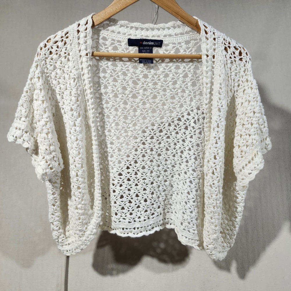Denim 24/7 Womens 2X White Crochet Open Front Shrug Bolero Short Sleeve Cardigan - Picture 7 of 8